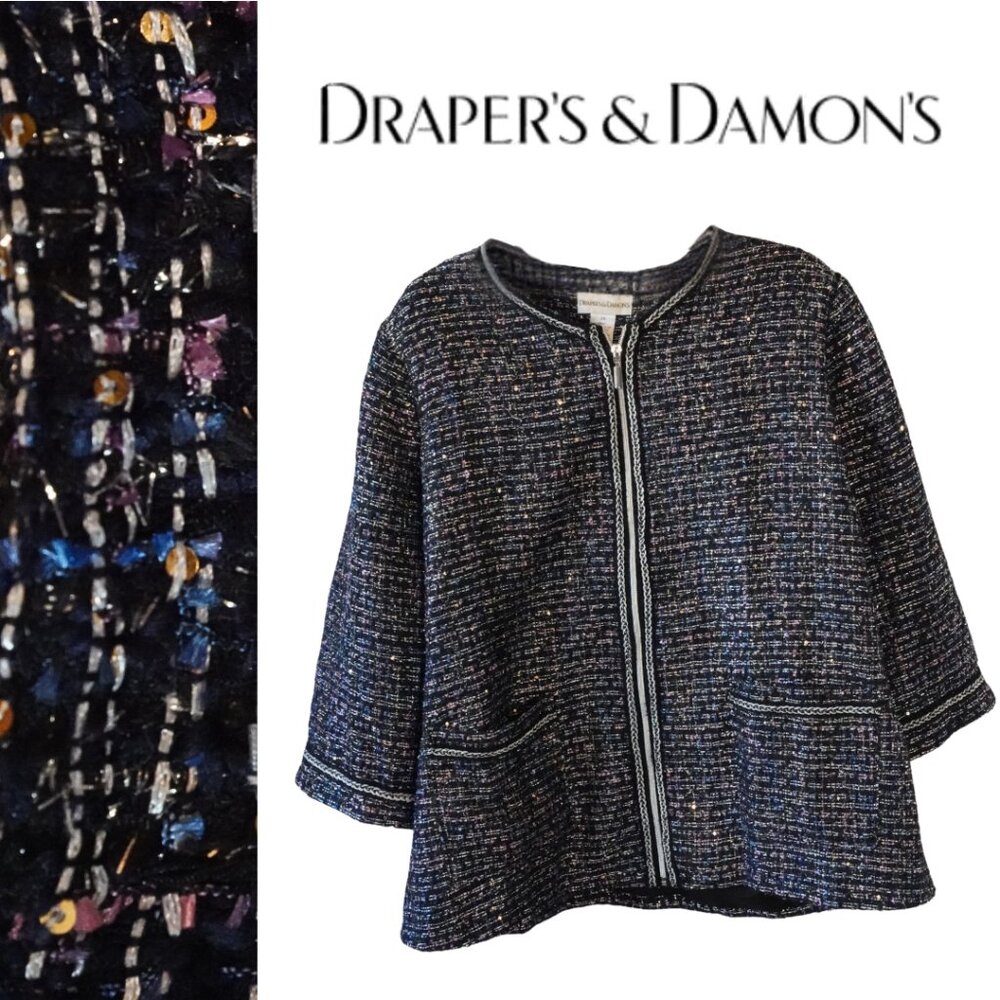 Draper's & Damon's, Wool Blend Shimmer Sequin‎ ¾ Sleeve Zipper Blazer, Black 2X